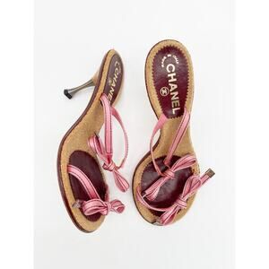 Chanel Vintage Pink Double Strap Satin Bow Cork Sole Slide Sandal Heels EU 37.5